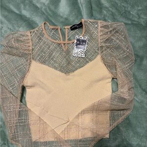 Beige Sheer Plaid Mesh Puff-Sleeve Crop Top by [Brand Unspecified] #7